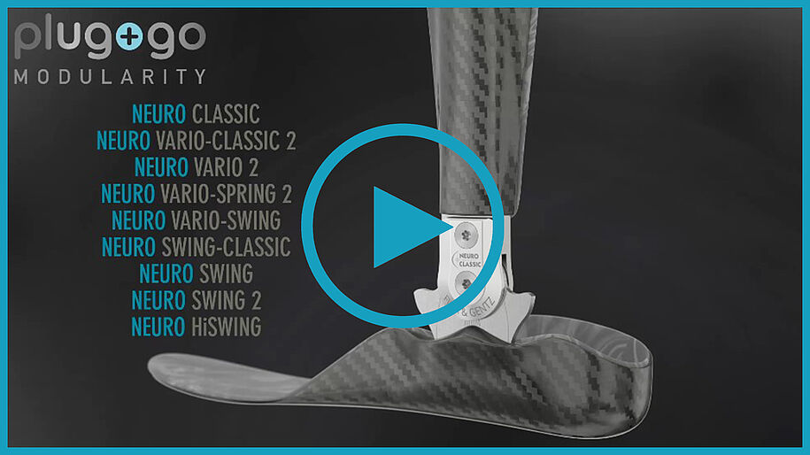 Vidéo décrivant la modularité plug + go. La fonction fonction de releveur de pied d’une orthèse de releveur de pied orthèse de péroné montant de releveur de pied montant de péroné peut être modifiée en remplaçant l’ensemble fonctionnel, car les éléments fonctionnels peuvent être remplacés via l’ensemble fonctionnel aussi bien dans une AFO que dans une KAFO. L’exemple montre l’articulation d’orthèse NEURO VARIO SWING en cas de paralysie des fléchisseurs dorsaux, ce qui conduit à un pied ballant pied bot équin.