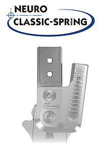 NEURO CLASSIC SPRING forme moderne d’une articulation Glenzak articulation d’orthèse articulation modulaire pour la fabrication d’une orthèse pour le relevage du pied en cas de paralysie du nerf péronier paralysie du nerf sciatique poplité externe pied ballant guidage stabilisation de l’articulation de la cheville avec butée dorsale à mouvement libre.